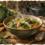 Soupe aux choux verts fumante, bol de bouillon digeste