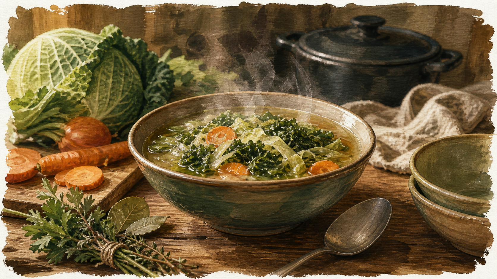 Soupe aux choux verts fumante, bol de bouillon digeste