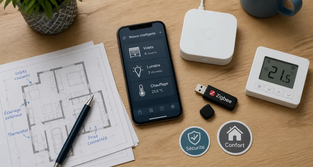 système domotique sur bureau avec smartphone et accessoires