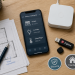 système domotique sur bureau avec smartphone et accessoires