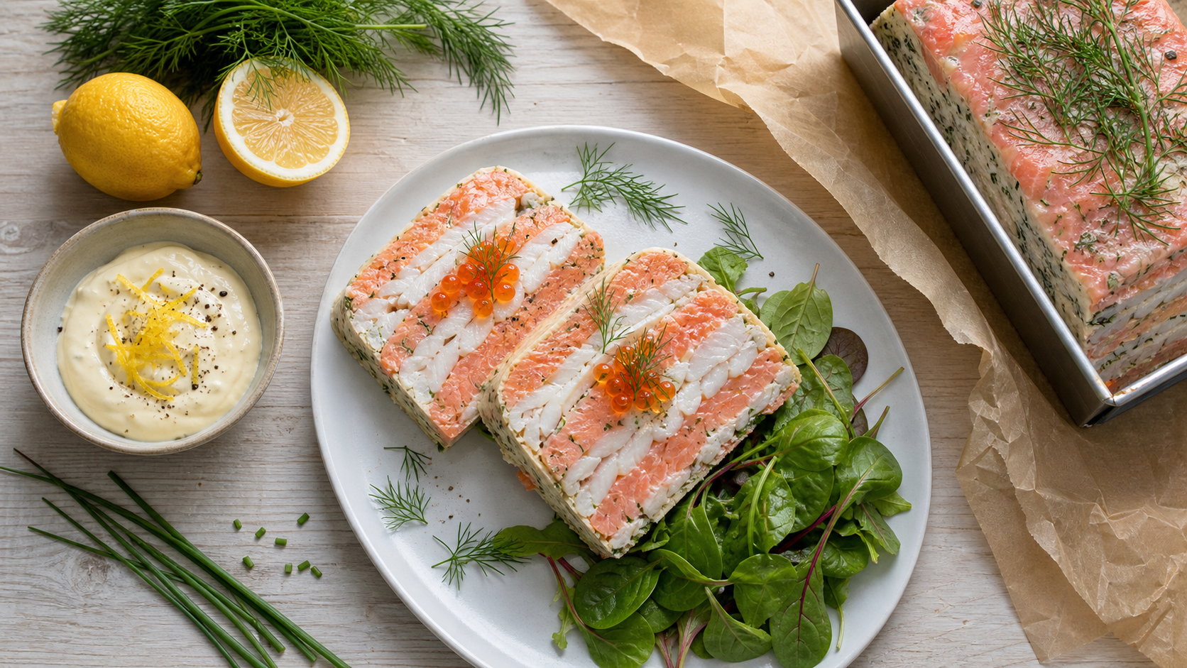 Terrine de poisson saumon cabillaud fondante, tranchée, aneth et sauce citron