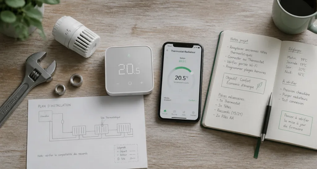 Thermostat connecté radiateur avec smartphone et outils