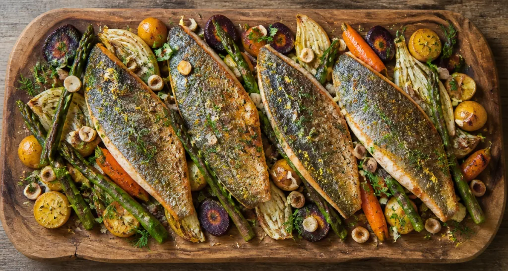Truite accompagnement légumes rôtis et herbes