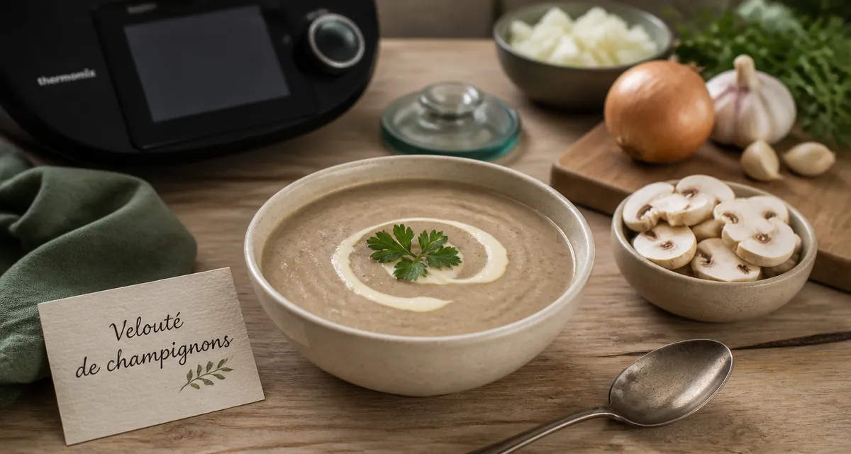 Velouté de champignons thermomix, texture parfaite, bol crème et persil