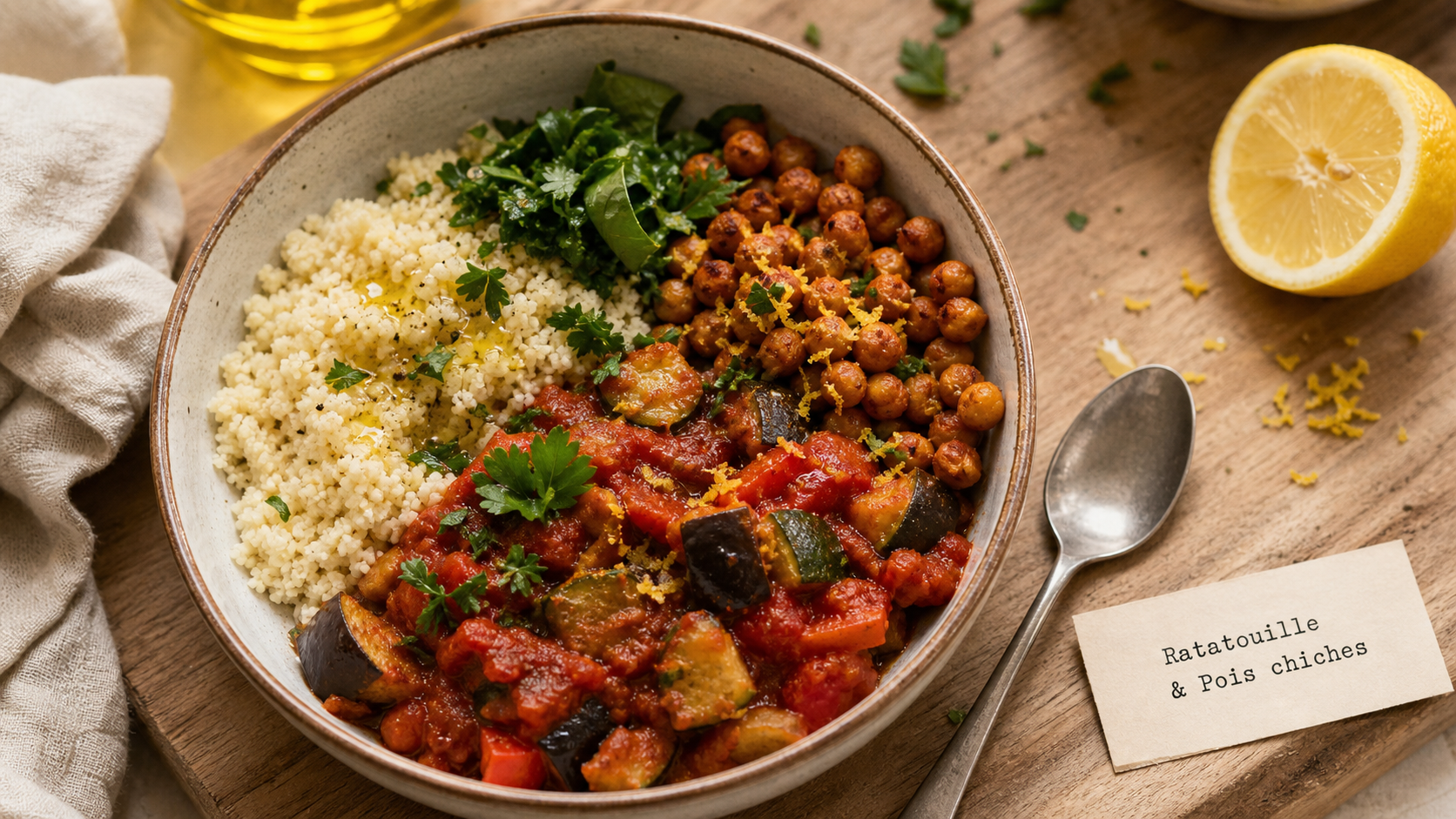 Accompagnement ratatouille avec riz, pois chiches rôtis et herbes fraîches