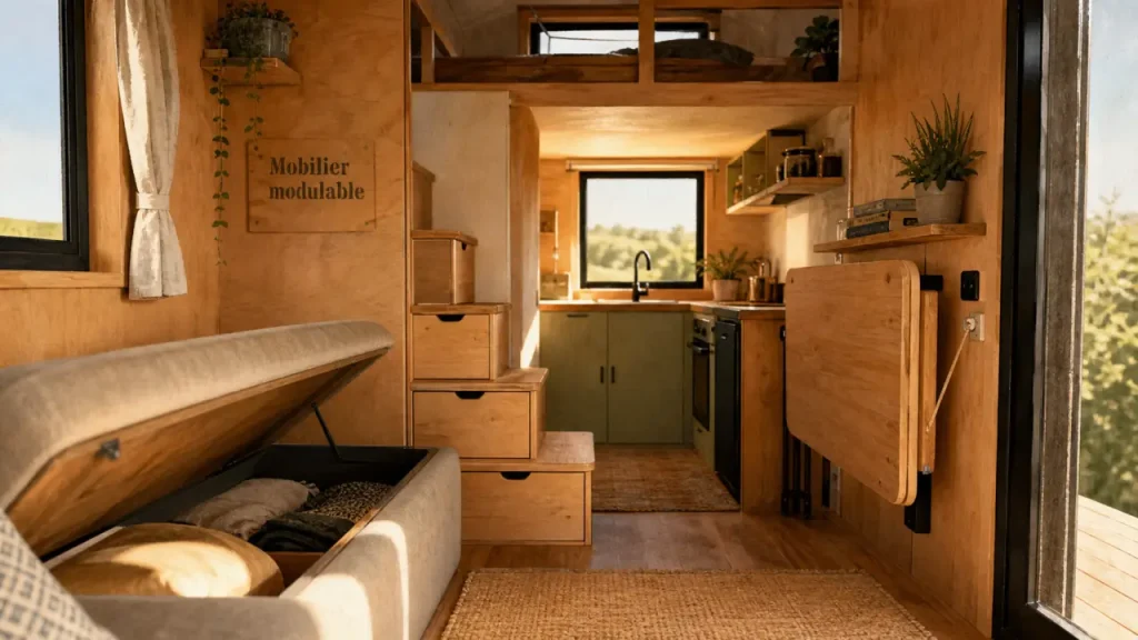 Aménagement tiny house : intérieur avec mobilier modulable