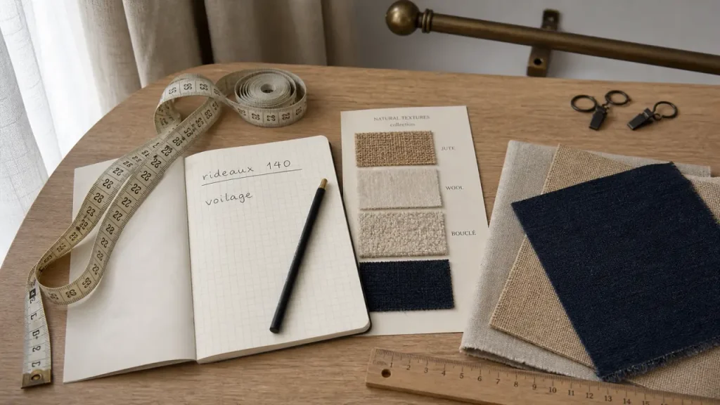 Atelier de la deco : échantillons tissus pour rideaux et mesures