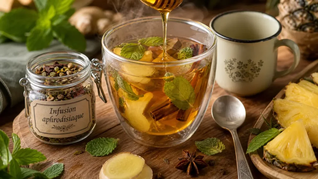 Boisson aphrodisiaque fait maison au gingembre et cannelle, infusion chaude