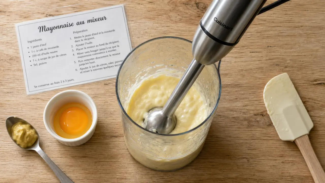 Comment rattraper une mayonnaise au mixeur ratée : bol et mixeur, texture granuleuse, solution