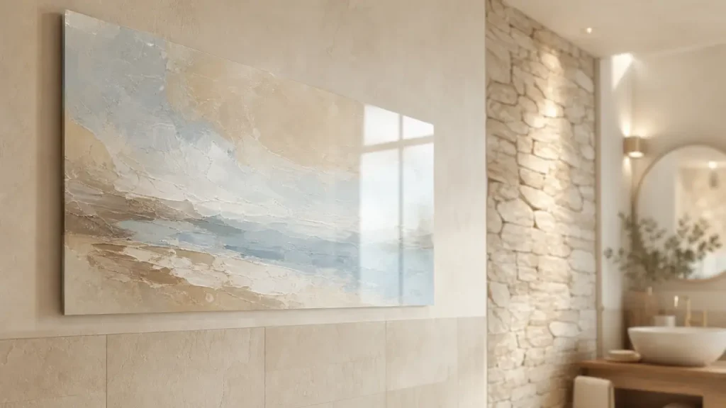 Décoration murale salle de bain : tableau acrylique lavable sur mur carrelé