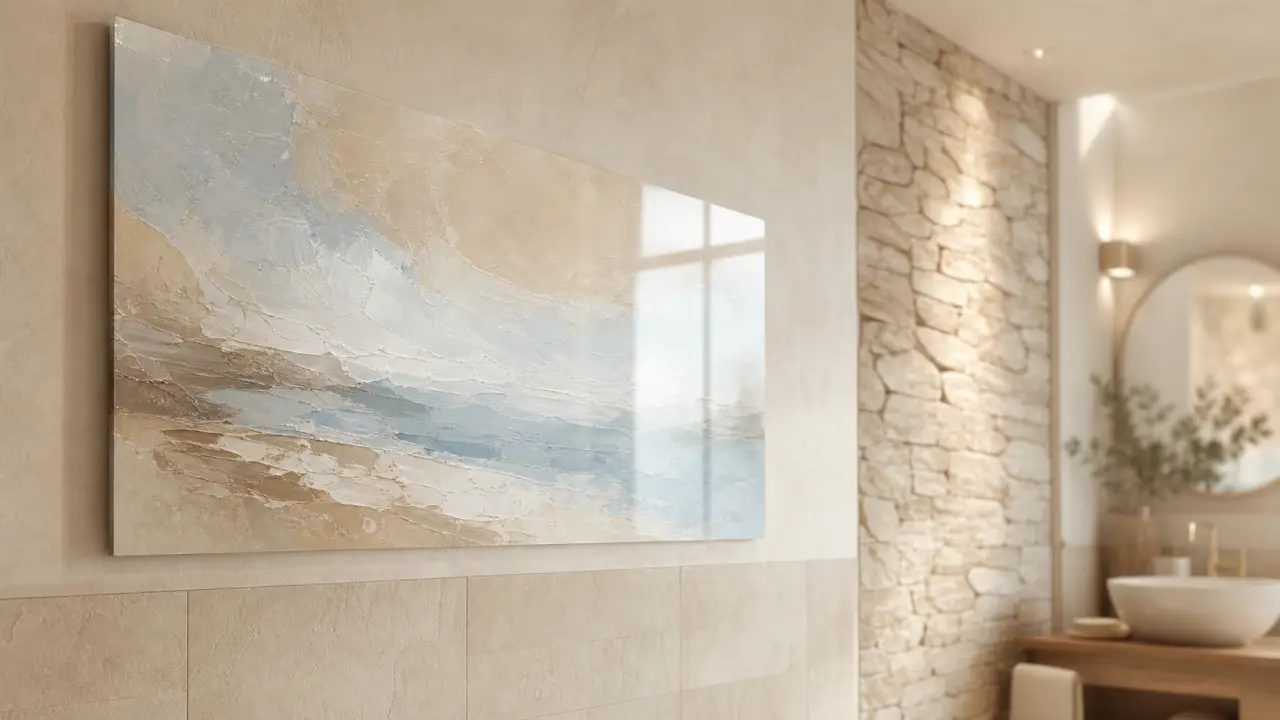 Décoration murale salle de bain : tableau acrylique lavable sur mur carrelé