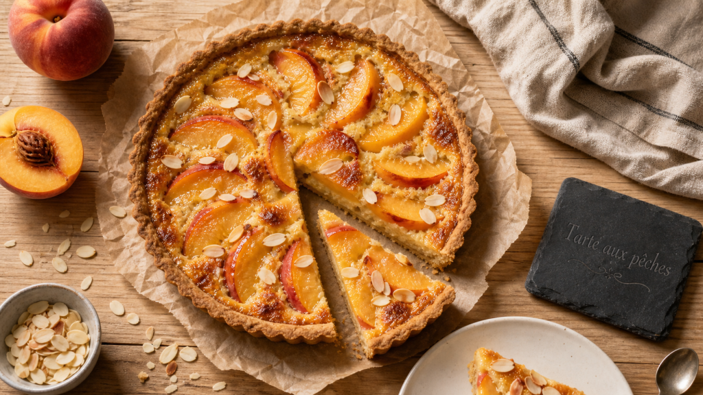 Desserts pêches : tarte moelleuse aux pêches et amandes