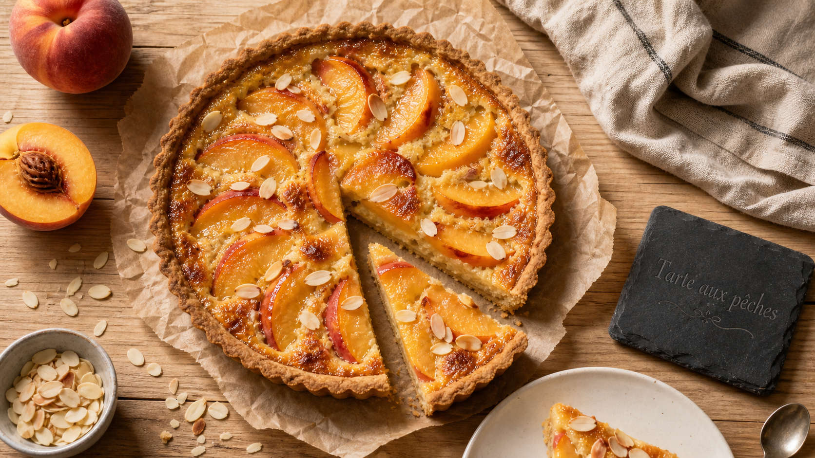 Desserts pêches : tarte moelleuse aux pêches et amandes