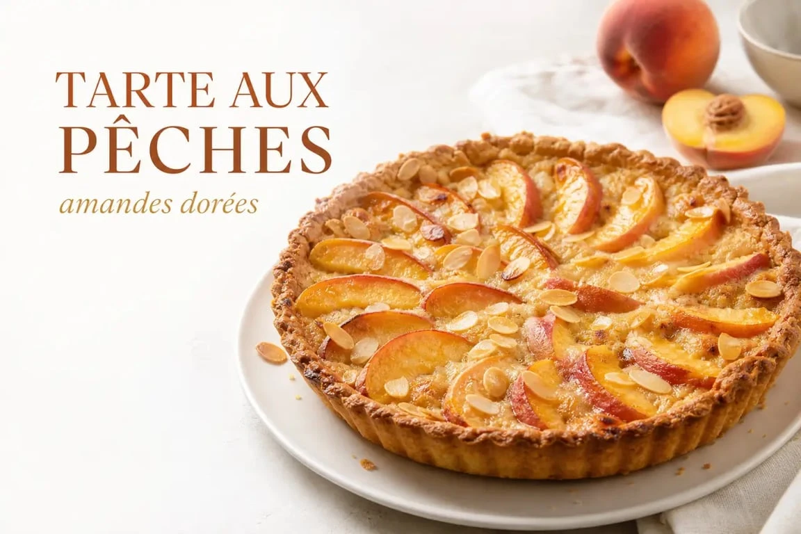 Desserts pêches : tarte moelleuse aux pêches et aux amandes servie tiède sur une assiette blanche
