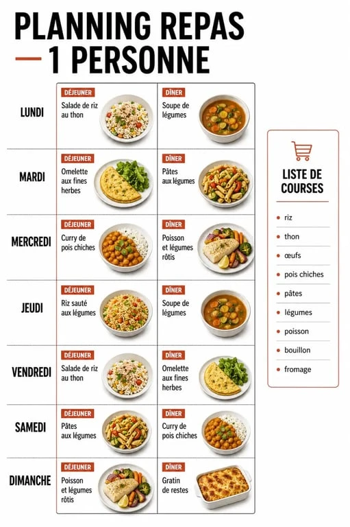 Menu semaine 1 personne : planning hebdomadaire de repas simple et liste de courses