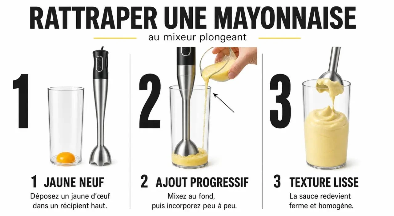 Comment rattraper une mayonnaise au mixeur : illustration des étapes pour relancer l’émulsion