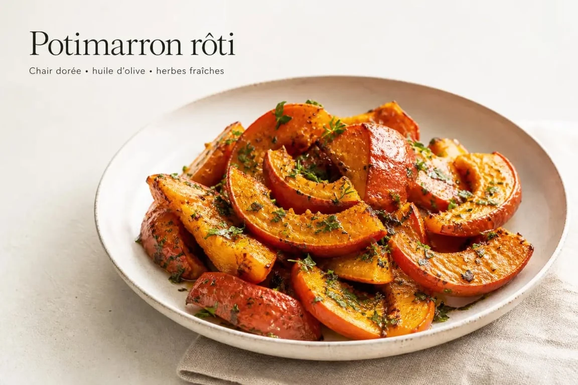 Cuisson potimarron au four : morceaux de potimarron rôti dorés et fondants servis en assiette