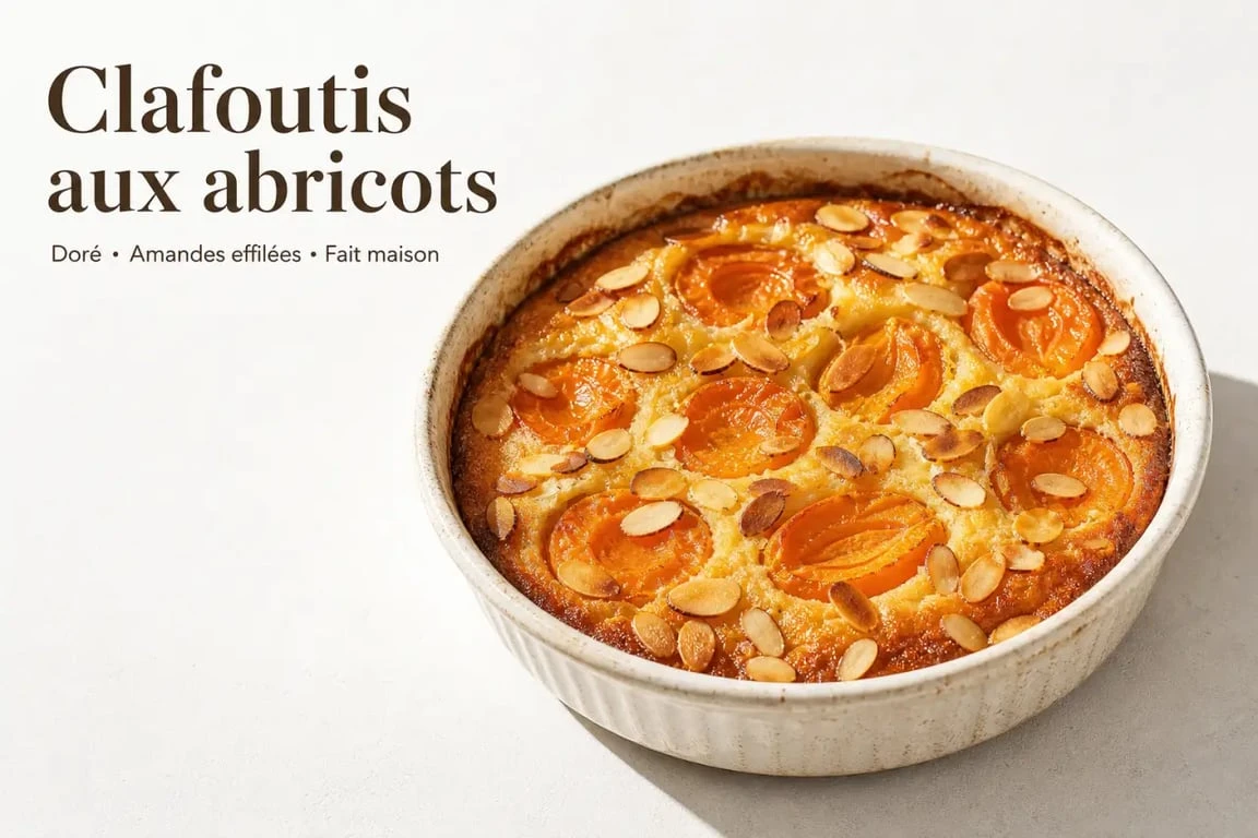 Clafoutis aux abricots frais et amandes effilées, une recette de dessert à l'abricot gourmande et facile à réaliser.