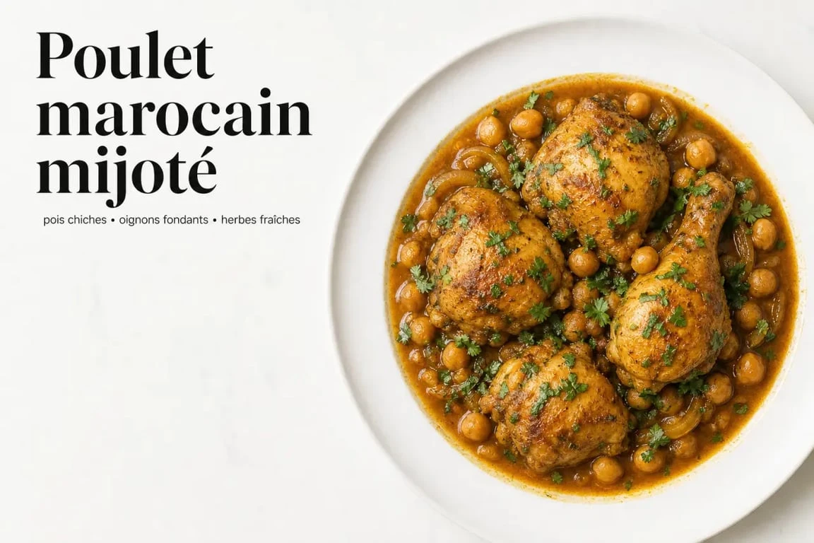 Recette au poulet marocain mijoté avec pois chiches et épices orientales