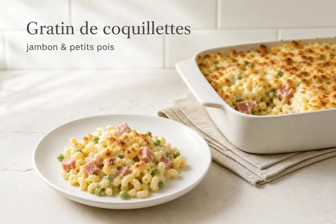 Recette facile pas cher de gratin de coquillettes au jambon et petits pois