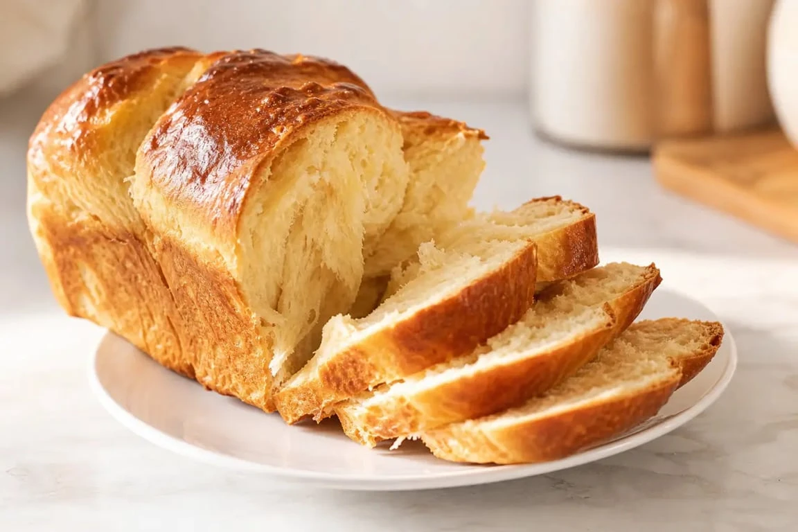Recette brioche facile sans machine, brioche dorée et moelleuse en tranches sur une assiette