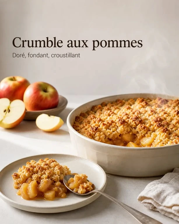 Recette avec des pommes : crumble aux pommes doré et fondant servi dans un plat