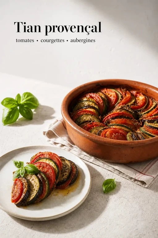 Recette avec tomates : tian fondant aux tomates et herbes de Provence dans un plat au four