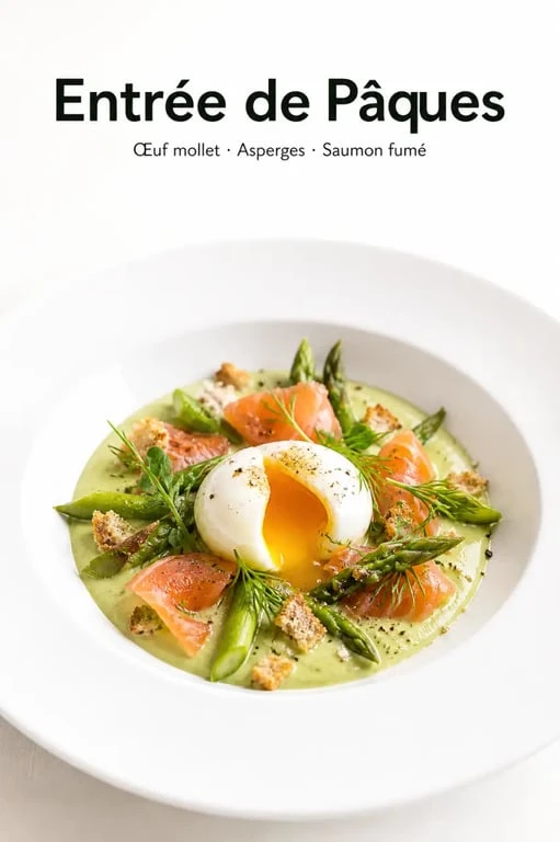 Entrée pâques gastronomique servie avec œuf mollet, crème d’asperges et saumon fumé