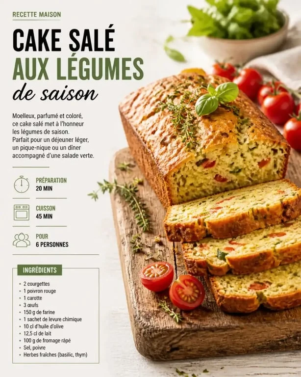 Cake salé aux légumes de saison, une recette salée facile et gourmande pour un repas rapide.