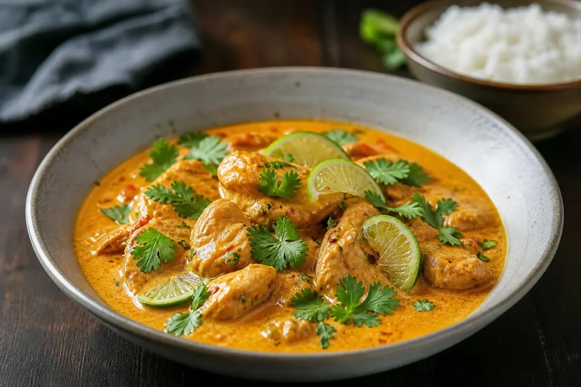 Poulet au curry rouge thaïlandais onctueux, une recette facile avec de la pâte de curry.