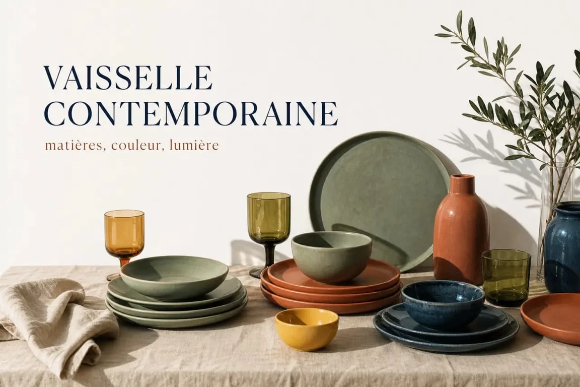 Vaisselle colorée sur une table dressée avec assiettes en grès, porcelaine et verres teintés