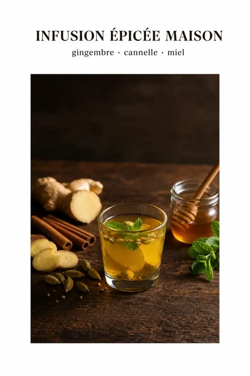 Boisson aphrodisiaque fait maison servie dans un verre avec gingembre, cannelle et menthe