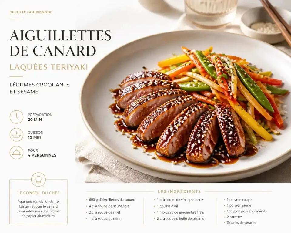Aiguillettes de canard teriyaki pour un menu un dîner presque parfait