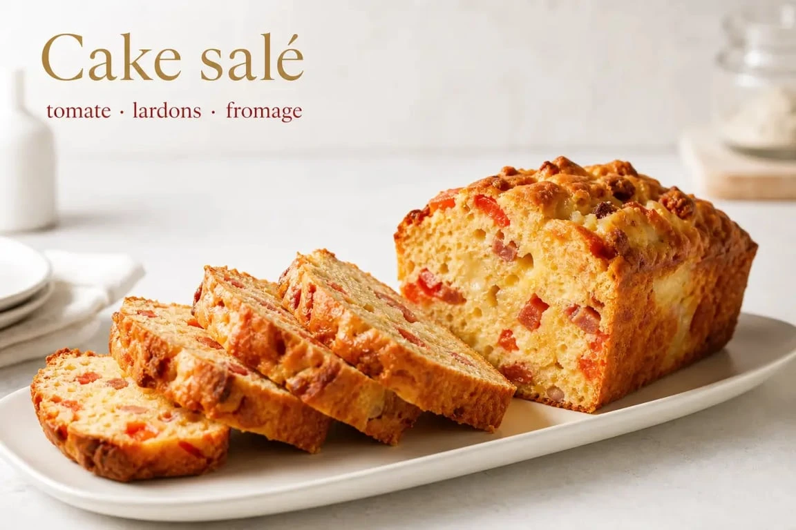 Recette sale : cake salé tomate, lardons et fromage sur assiette blanche