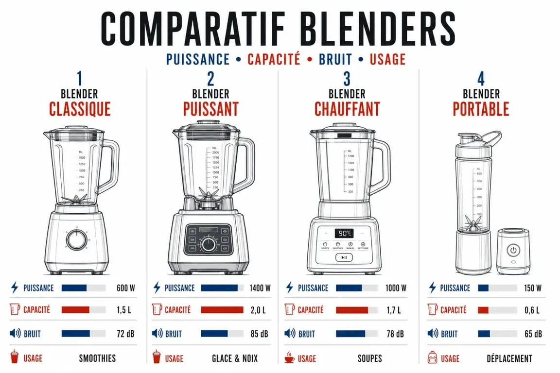 Comparatif du meilleur blender avec quatre types de blenders et leurs critères clés