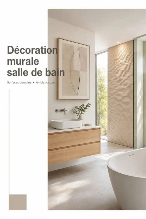 Décoration murale salle de bain dans une salle de bain contemporaine lumineuse avec tableau mural et panneau décoratif