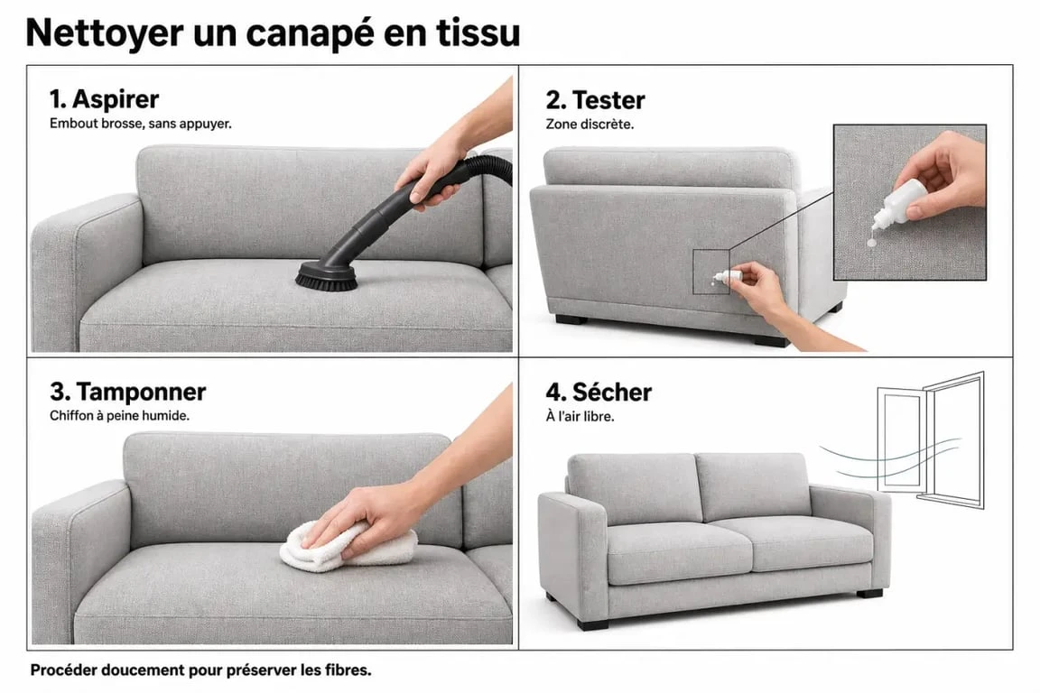Comment nettoyer canapé en tissu : illustration des étapes pour dépoussiérer, tester, tamponner puis sécher un canapé