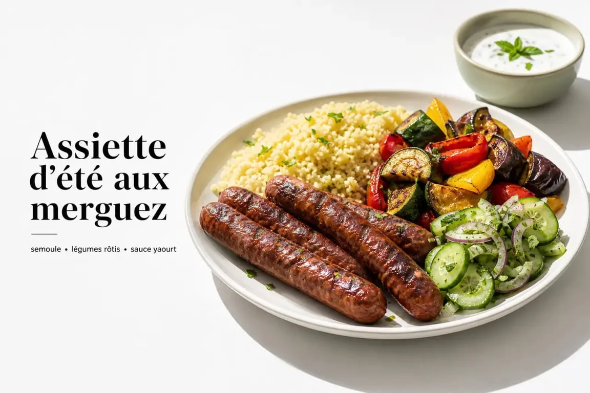 Accompagner merguez avec une assiette de semoule, légumes grillés et salade fraîche