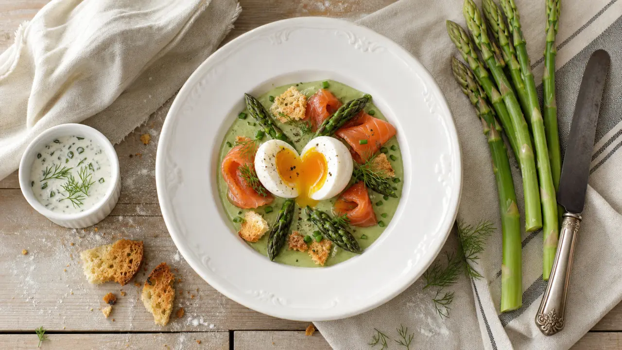 Entrée pâques gastronomique : œuf mollet et crème d’asperges, saumon fumé