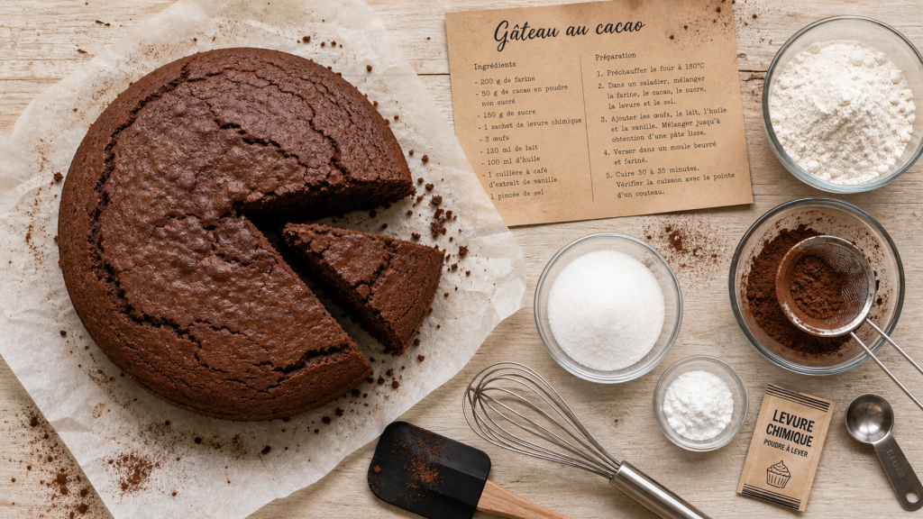 Gateau cacao moelleux 180°C, cacao non sucré, tranche ouverte et ingrédients