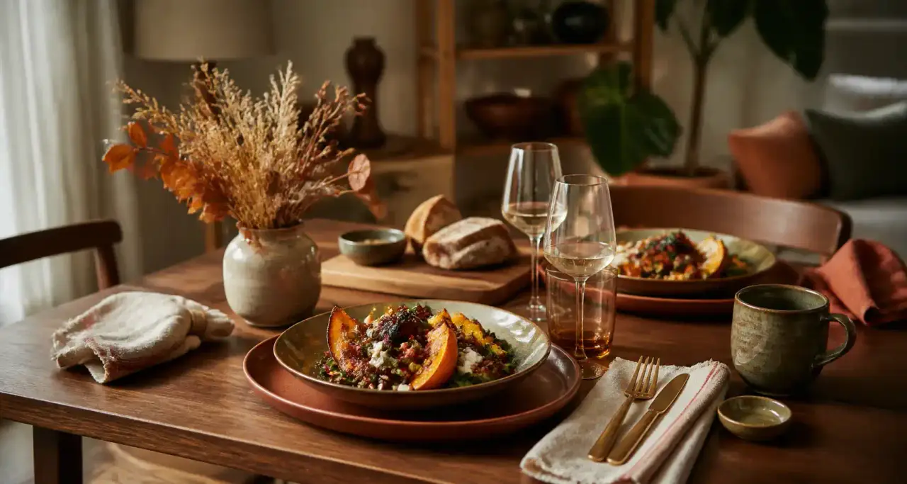 Table dressée dans un intérieur chaleureux : assiette gourmande, vaisselle en céramique et lumière douce
