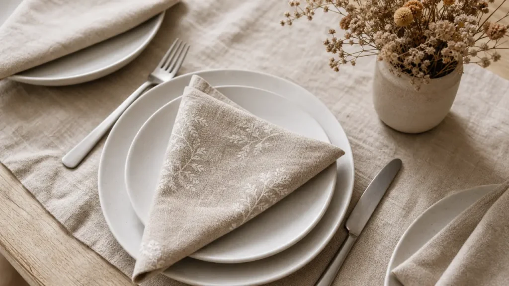 Nappe de table et serviette en lin beige, ton sur ton