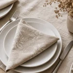 Nappe de table et serviette en lin beige, ton sur ton
