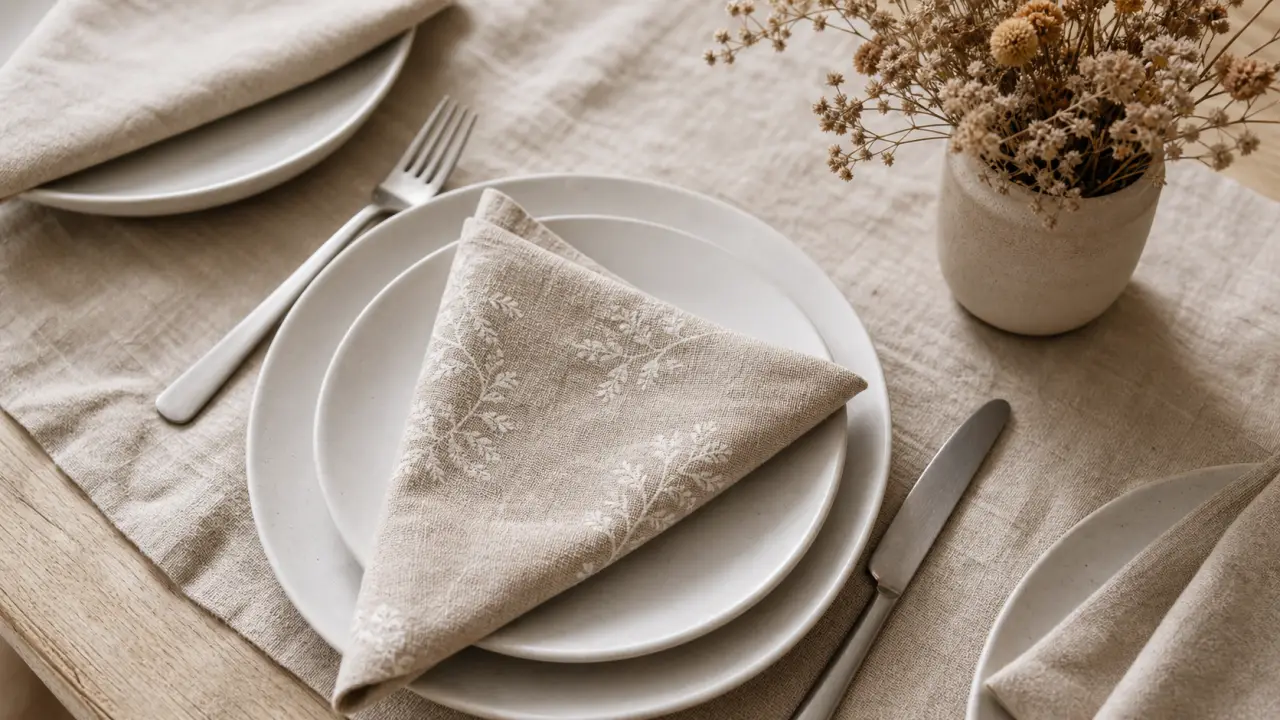 Nappe de table et serviette en lin beige, ton sur ton
