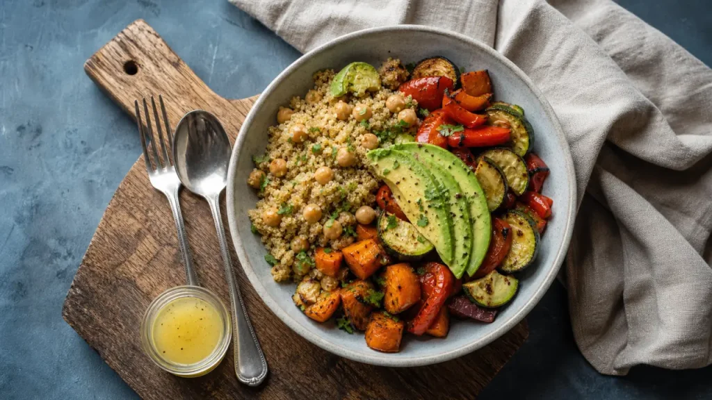 Nourriture healthy : quinoa bowl équilibré, légumes et pois chiches