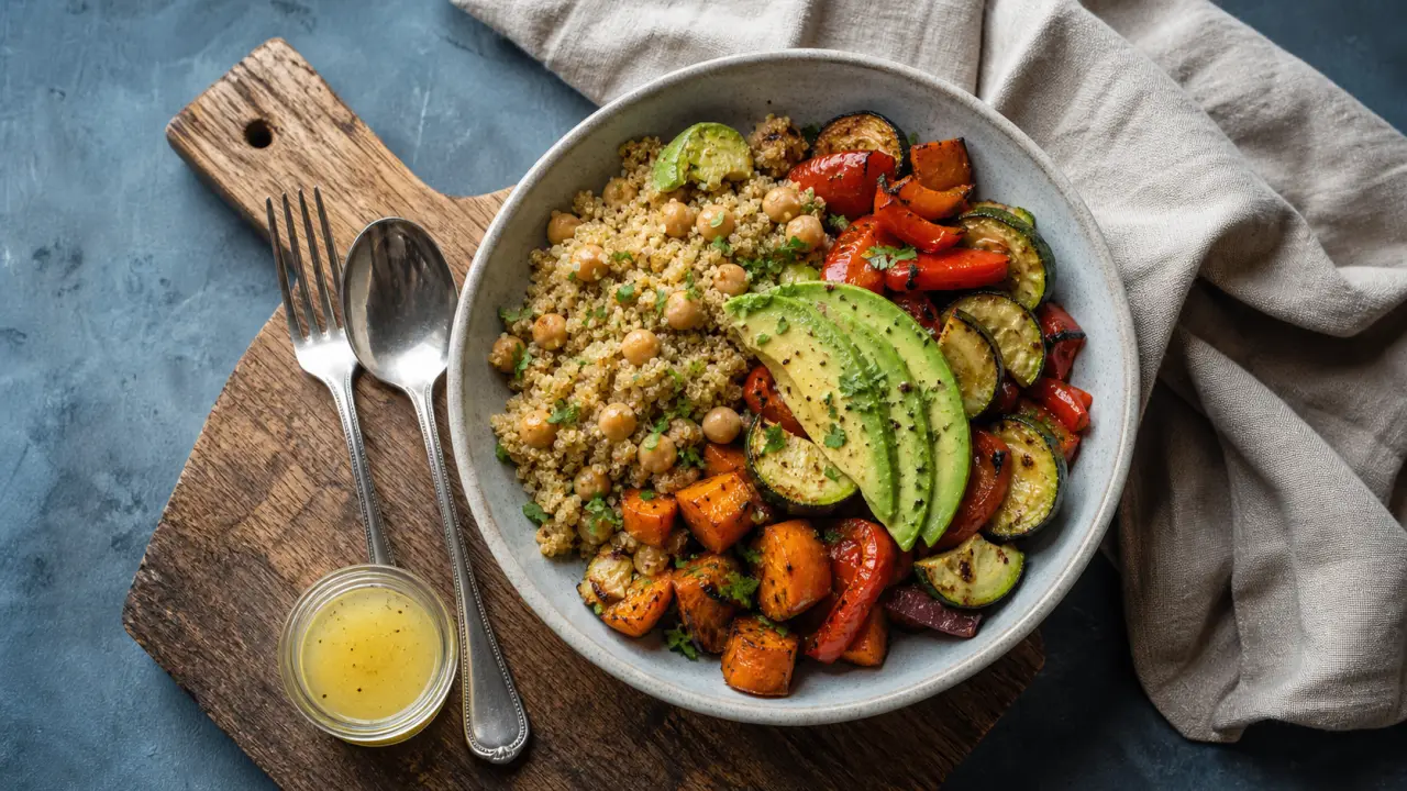 Nourriture healthy : quinoa bowl équilibré, légumes et pois chiches