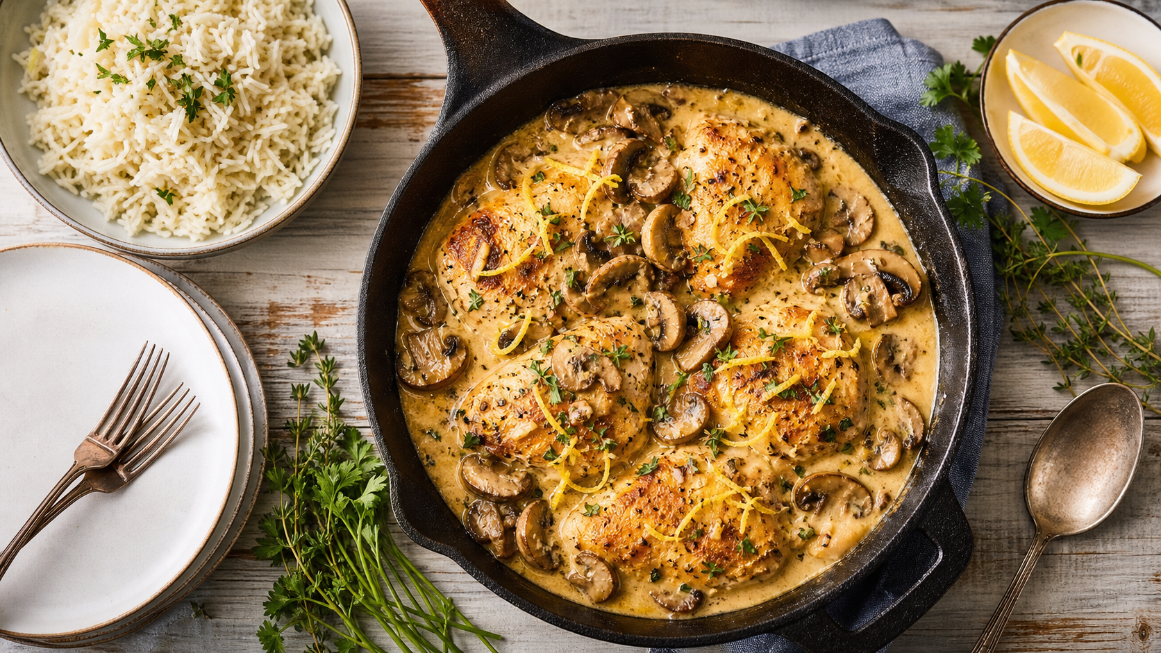 Plat a base de poulet citron champignons en poêle
