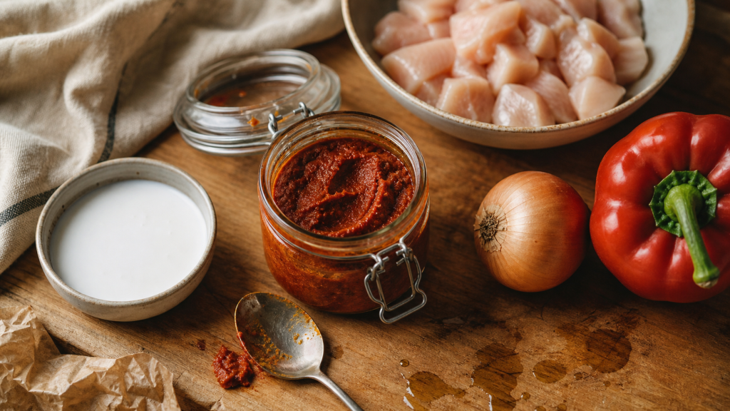 Recette avec pate de curry : pâte rouge, lait de coco et poulet sur planche en bois