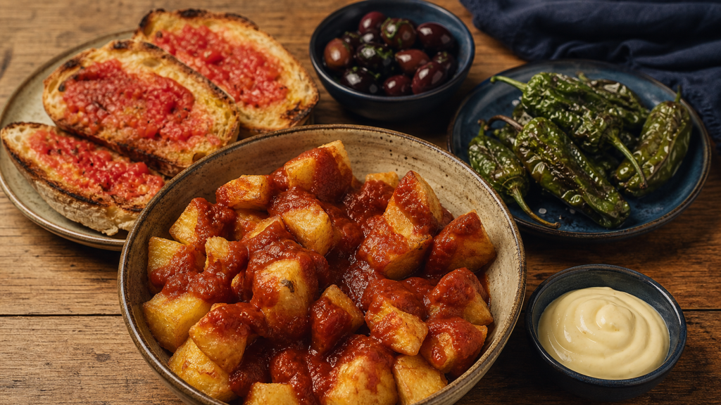 Recette des tapas espagnol : patatas bravas, pan con tomate et tortilla, vue de dessus