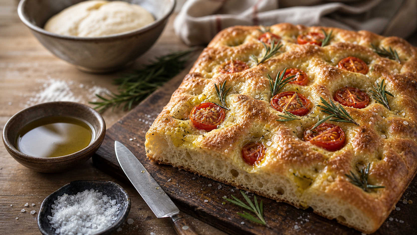 Recette focaccia cyril lignac : focaccia moelleuse alvéolée, alvéoles et huile d’olive